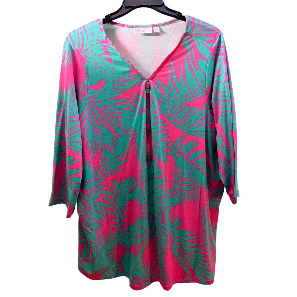 Belle by Kim Gravel Pink Green Tropical Palm Half Zip Tunic Top 3X A375863